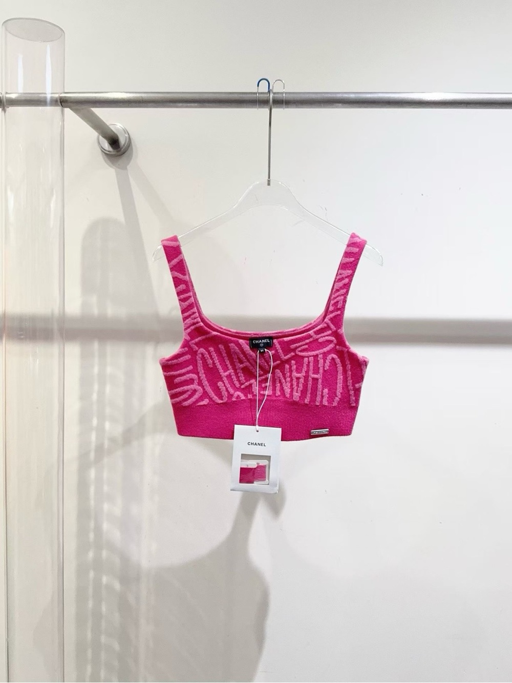 CHANEL Hot Pink Ribbed Logo Knit Tank